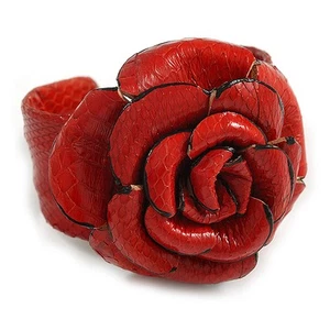 Snake Print Leather Rose Flower Flex Cuff Bracelet/ Red - Adjustable - Picture 1 of 4