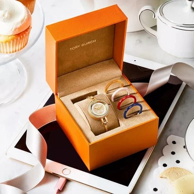Relógio Tory Burch Reva pequeno pulseira de ouro conjunto de presente molduras intercambiáveis TBW4029 - Imagem 1 de 4