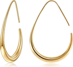 Teardrop Hoop Earrings for Women, 14K Gold Plated Oval Pull through Hoop Earring - Picture 1 of 12