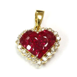 1.55 ctw Natural Ruby & Diamond Solid 14k Yellow Gold Drop Heart Pendant 20 MM