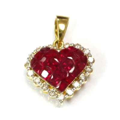 1.55 ctw Natural Ruby Diamond Solid 14k Yellow Gold Invisible Heart Pendant 20MM - Image 1 of 4