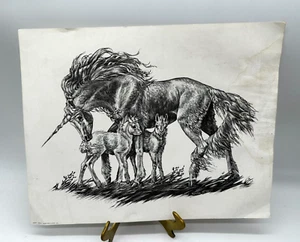 M. Pena UNICORN & Baby SPARKLES  Print 1981,  Detailed Sketch 14" x 11" (READ) - Picture 1 of 8