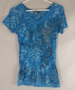 T-shirt Katydid Collection Smokey Beaded Cross Design manica cappuccio scollo a V media - Foto 1 di 7