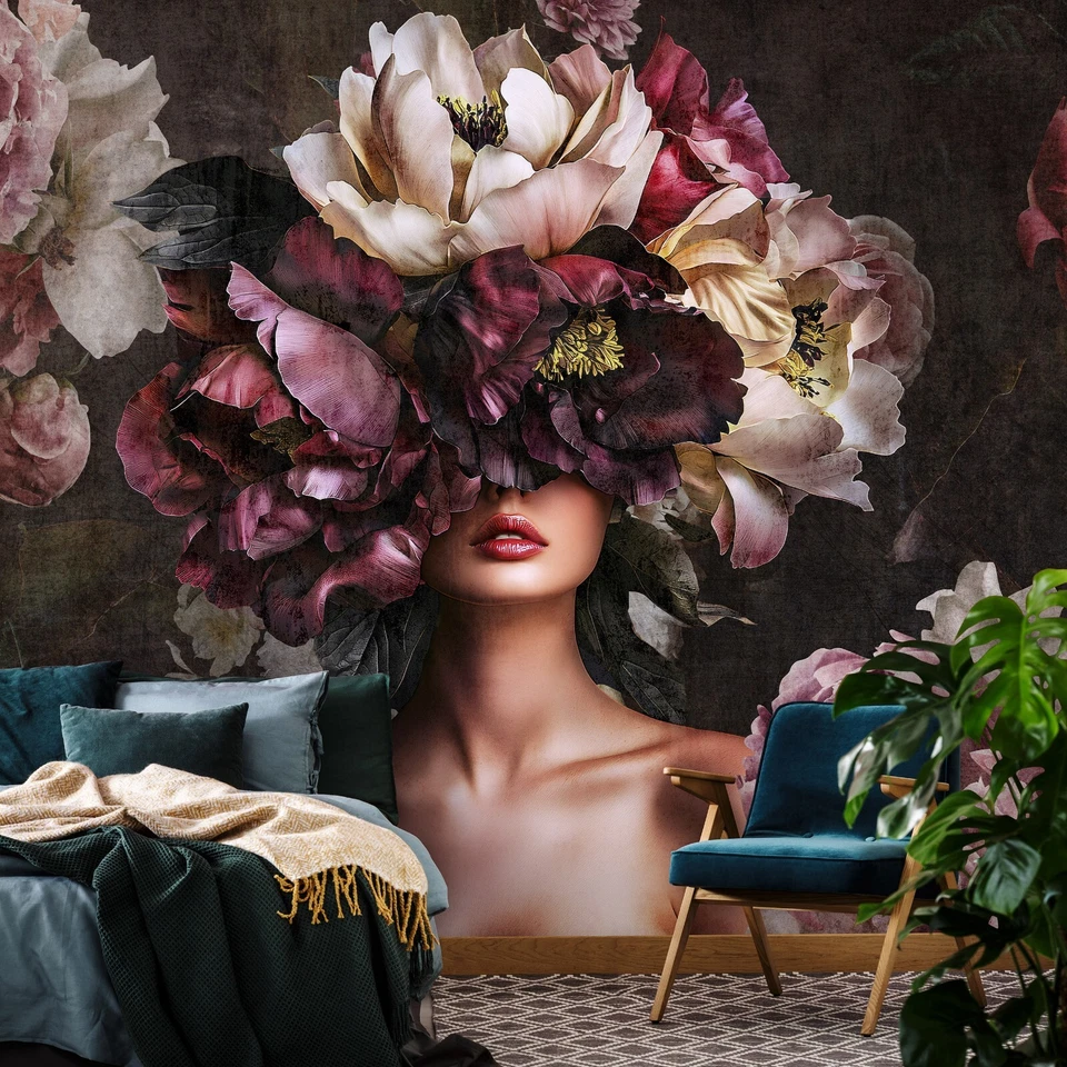 Fototapete Frau mit Blumen Bunt Wohnzimmer VLIES TAPETE XXL + KLEISTER 157 - Bild 1 von 4