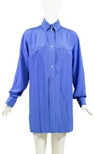 CHANEL 13P Cerulean Blue Pearl Button Long Sleeve Pleated Tunic Shirt Dress 36 - Picture 1 of 12