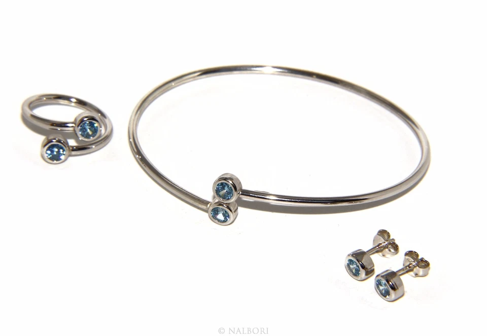 argento 925 orecchini bracciale anello contrariè zirconi naturali acquamarina - Immagine 1 di 1