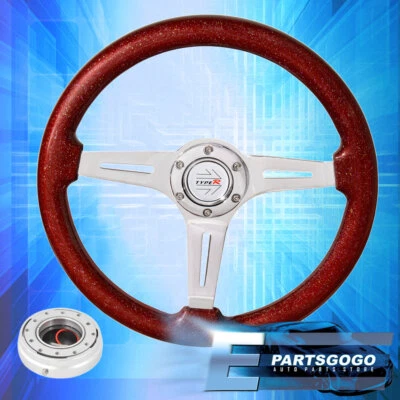 Metallic Red Wood Deep Dish Type-R Steering Wheel + Silver Slim Quick Release - Imagem 1 de 4