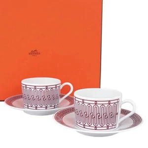 Hermes Tea Cup Saucer H Deco Rouge Red Tableware 2 set Coffee Cafe Auth New Box - Picture 1 of 10