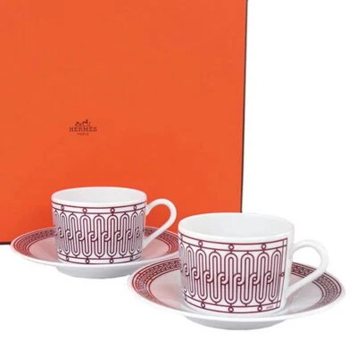 Hermes Taza de Té Platillo H Deco Rouge Rojo Vajilla 2 Juego Café Auténtico Nuevo Caja Foto 1 de 4