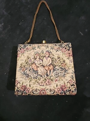 VINTAGE 1920s 30s FRENCH TAPESTRY EVENING BAG VICTORIAN SCENE FLOWERS BRASS Coin - Image 1 of 4