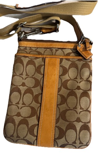 Tracolla regolabile stampa firma Coach vintage marrone e marrone jacquard