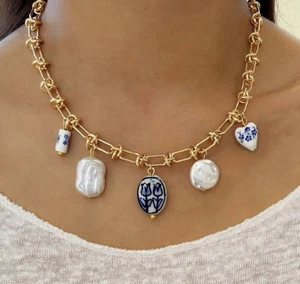 Anthropologie Necklace Heart Tulip Flower Pearl Chain Boho Charm Gold Porcelain - Picture 1 of 8