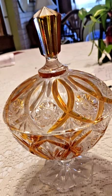 Vtg Bohemian Gold Cut to Clear Crystal Czech Republic Stemmed Candy Bowl w/lid - Image 1 of 4