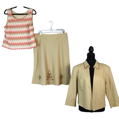 Conjunto de terno saia mistura de linho JH Collectibles 3 peças tanque cáqui frisado 14P pequeno - Imagem 1 de 4