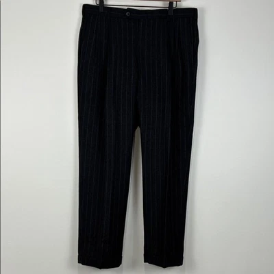Berle 90s Men's 34x30 Pinstripe Wool Trousers Charcoal Gray Pleated Front Cuffed - Image 1 of 4