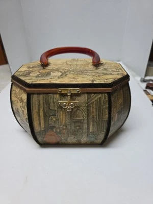 Vintage Anton Pieck Wooden Decoupage Octagon Box Purse w/ Lucite Handle 9.5"×6" - Image 1 of 4