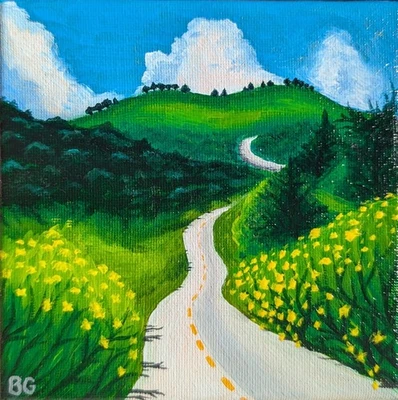 Pintura al óleo original 5x5 - Caminos sinuosos de Tailandia girasoles montañas arte Foto 1 de 4