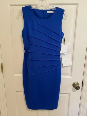 Calvin Klein NWT Royal Blue Sleeveless Sunburst Sheath Dress, Size 4 - Image 1 of 4