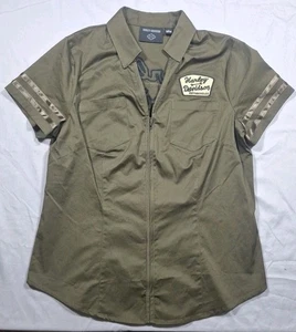 Harley Davidson Zipper Front Army Green Embroidered Short Sleeve Garage Sz Large - Picture 1 of 7