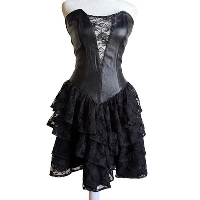 80s Vintage FIRENZE | Black Leather and lace Corset Basque Waist Dress Small - Image 1 of 4