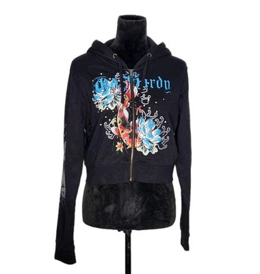 Sudadera con capucha Ed Hardy Lotus Koi Fish negra recortada cremallera completa para mujer talla XL  Foto 1 de 4