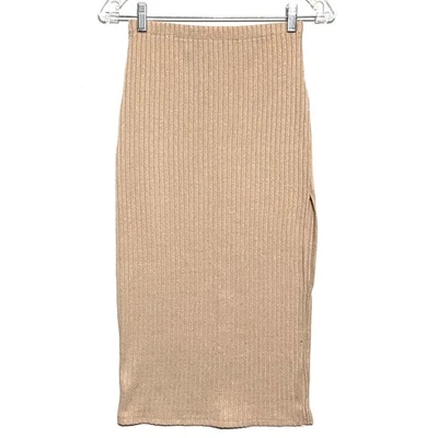 Forever 21 Ribbed Knit Pencil Tube Skirt Side Slit S Pull On Tan Neutral Casual - Image 1 of 4