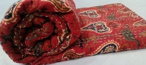 Indian Hand Block Ikat Queen Size Cotton Kantha Quilt Throw Blanket Bedspread - Picture 1 of 5