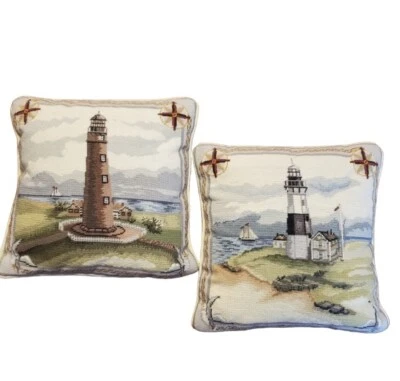 Pair Nautical Lighthouse Wool Needlepoint Throw Pillows Katha Diddel Home 12x12” - Image 1 of 4