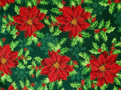 FAT QUARTER PRETTY POINSETTIA CHRISTMAS FABRIC HOLLY BERRIES FOREST GREEN FQ — 第 1/2 张图片