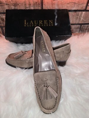 Mocasines Ralph Lauren Tacón Bloque Borla Gamuza Cuero 8.5 B Beige Taupe Tostado Foto 1 de 4