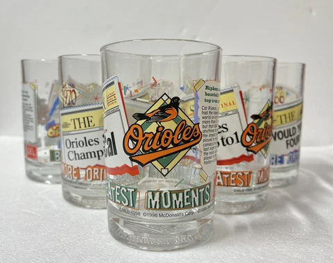 McDonalds! Greatest Moments of the BALTIMORE ORIOLES - Glass Set of 6 in Mc wrap Cover