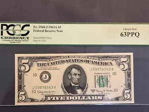 Scala discendente perfetta 8 cifre 1963A $5 FRN numero di serie fantasia PCGS63ppq - Foto 1 di 8