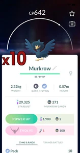 ¡Paquete de 10 Pokémon Murkrow!! ¡Buena oportunidad de suerte y buenos IV!! Go - Imagen 1 de 1