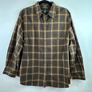 Lauren Ralph Lauren Women’s Shirt 2x Brown Plaid Gold Snap Long Sleeve Western - Picture 1 of 8