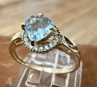 Anillo De Colección Oro Amarillo 14K Corte Corazón Topacio Azul Piedra Diamante Blanco Halo Talla 7 Foto 1 de 4