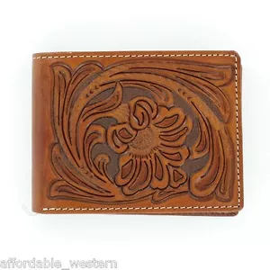 BROWN Tooled Leather ~Nocona® Bi-fold WALLET ~ Floral Tooling N5490608 - Picture 1 of 2