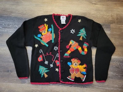复古胡桃夹子毛衣女式 Sm 黑色圣诞树和熊针织 80 年代 90 年代  — 第 1/4 张图片