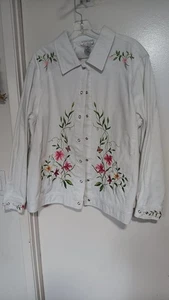 VICTOR COSTA WOMANS WHITE JEAN JACKET SNAPS FLORAL LONG SLEEVES SIZE 1X - Picture 1 of 3