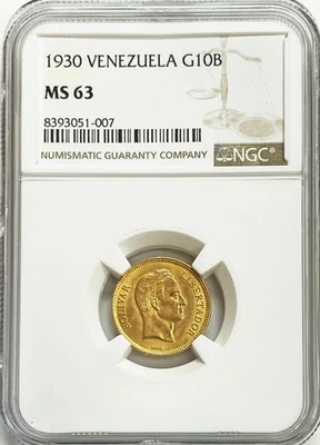 Moneda de 10 bolívares Simón 1930 de oro Venezuela NGC ESTADO COMO NUEVA 63 Foto 1 de 2