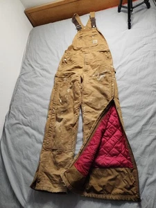 VTG Carhartt Quilted Lined Canvas Bib Overalls Mens Size 34x32 Brown R02 BRN USA - Picture 1 of 11