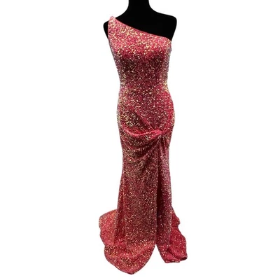 Nuevo Vestido de Baile de graduación Alyce Paris Un Hombro Lentejuelas Ranura Frontal Sandía Talla 10 Foto 1 de 4