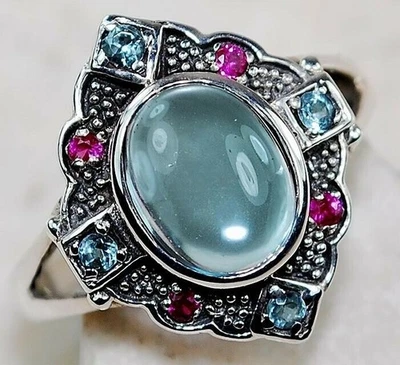 Anillo filigrana de plata de ley 925 aguamarina natural y rubí de 4 quilates talla 7 F6-7 Foto 1 de 3