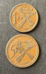 KATANGA - Très Joli lot de 2 monnaies - 1 franc 1961  +  5 Francs 1961  (2) - Photo 1/2
