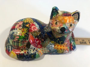 VTG Ceramic Patchwork Quilted Large Resting Kitty Cat Art Decor - Picture 1 of 7