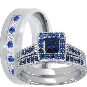 His Her Wedding Ring Set 3 Piece TRIO Blue CZ Silver Rings Women Men Bride Groom - Picture 1 of 6