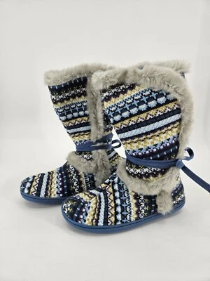 Sleep Sense Boot Slippers Womens Sz 8 Blue Fair Isle Sweater Faux Fur Trim - Image 1 of 4