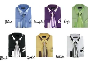Camicia Uomo Elegance 60%Cotone 40% Poliestere Cravatta Polsino Francese con Fazzoletto SG34 - Foto 1 di 8