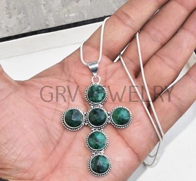 Colgante Cruz Piedras Preciosas Esmeralda Joyería Étnica Chapado en Plata de Ley 925 FP-34 Foto 1 de 4
