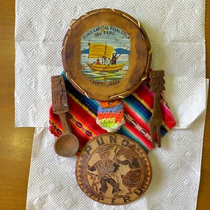 Vintage Wood Handwork Decor Small spoon fork Drum Wall Hanging Souvenir 8" PUNO - Picture 1 of 6