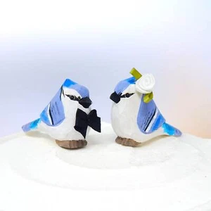 Blue Jay Bird Cake Topper Bride Groom Love Wedding Engagement Carved Wood Statue - Picture 1 of 8
